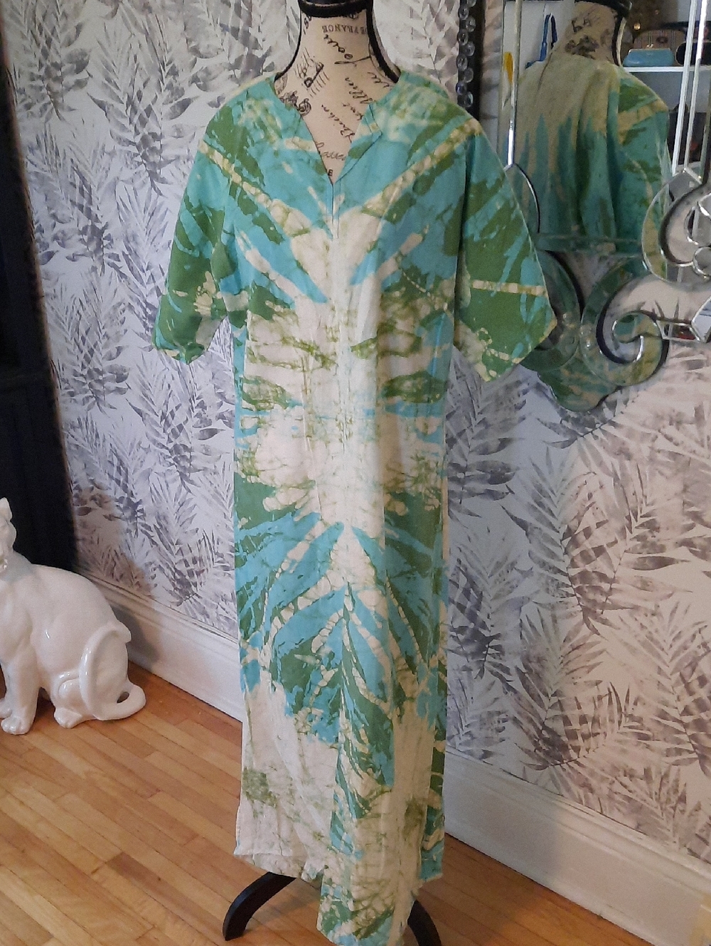 Tie Dye Maxi Dress in Aqua & Green. Jamaician